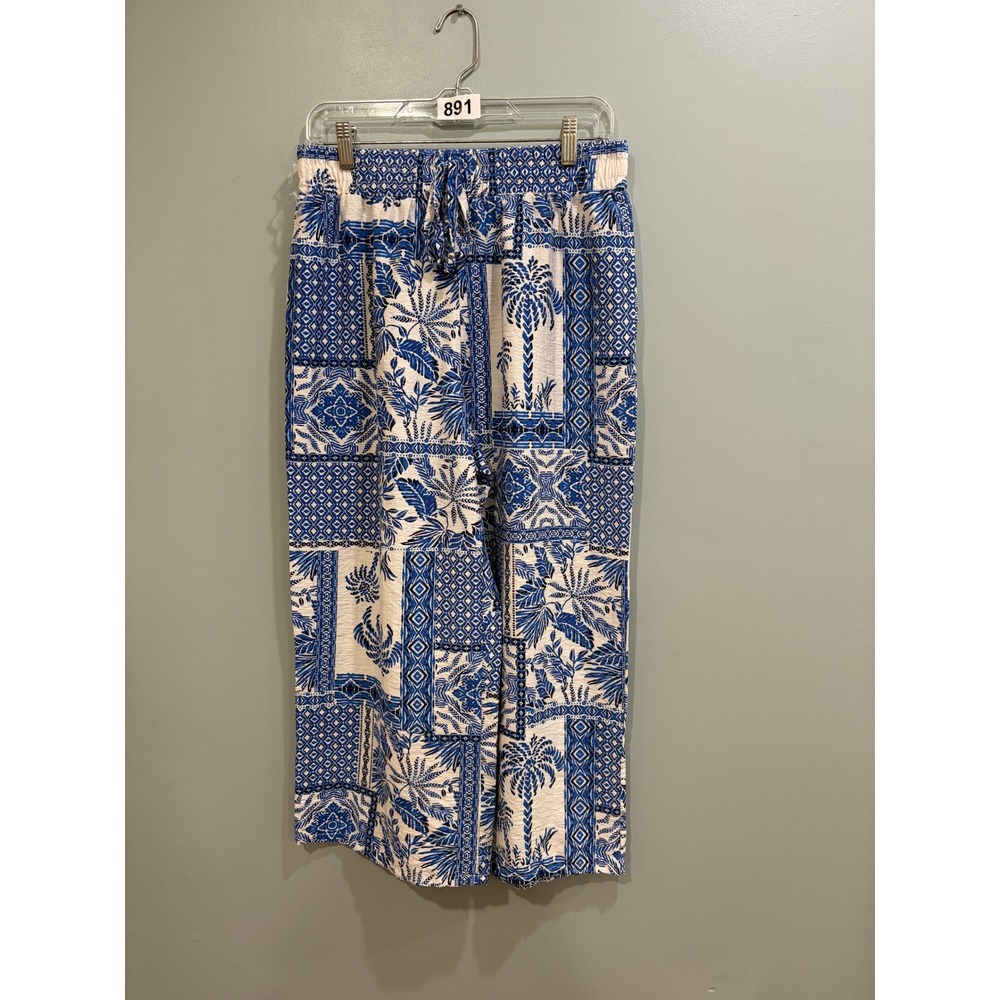 Mlle Gabrielle Blue White Tropical Patchwork Wide Leg Drawstring Pants Medium